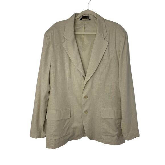 Andrew Fezza Linen Blend Blazer Men L Beige Khaki Beach Wedding Resort - Picture 1 of 8
